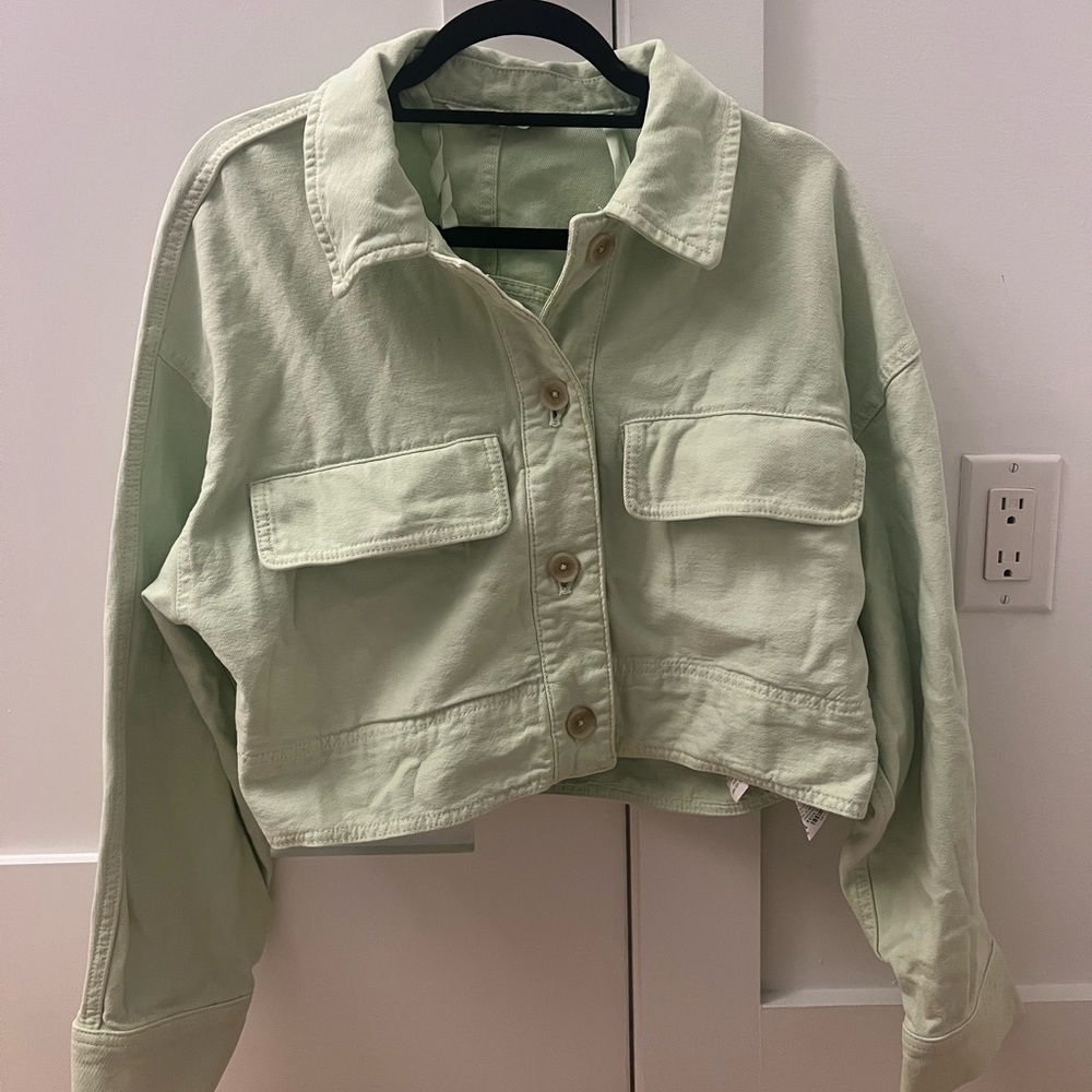 Zara Light Neon Green Cropped Denim Jacket, Size Large